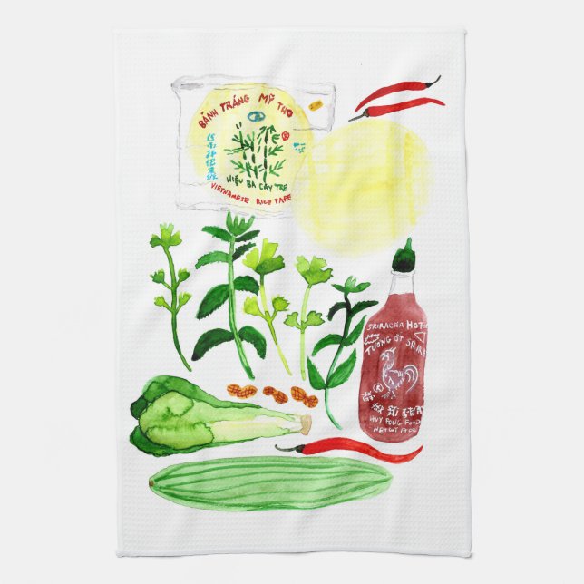 Vietnamese Rice Paper Rolls Recipe Watercolor Kitchen Towel (Vertical)