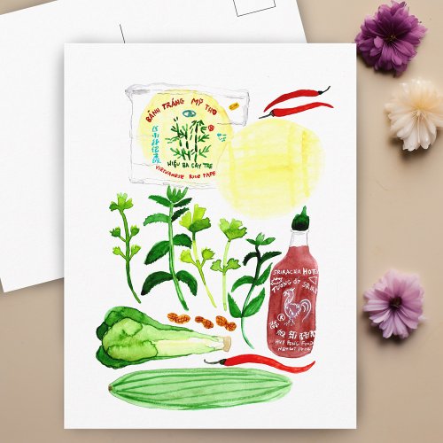 Vietnamese Rice Paper Rolls Recipe Watercolor Postcard