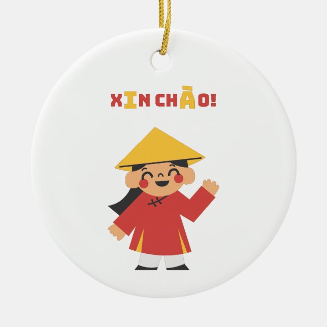 “Vietnamese ‘Xin Chào!’ Keychain – Cultural Gift Ceramic Ornament (Front)