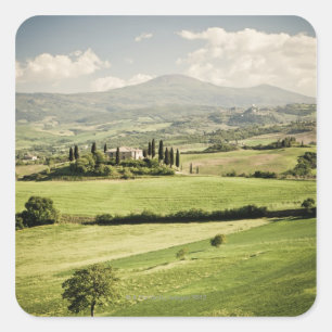 View across Tuscan landscape to farmhouse and 2 Square Sticker