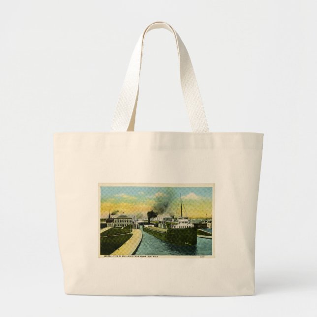 View Below the Soo, Soo Locks, Michigan Large Tote Bag (Front)