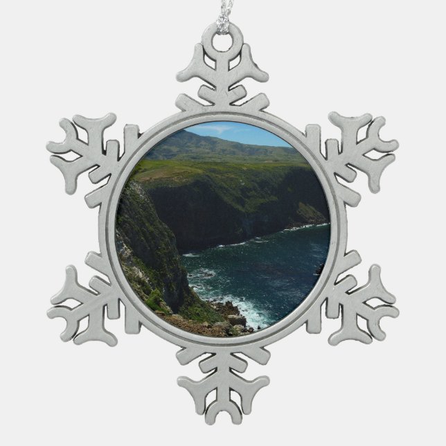 View from Santa Cruz Island in Channel Islands Snowflake Pewter Christmas Ornament (Front)