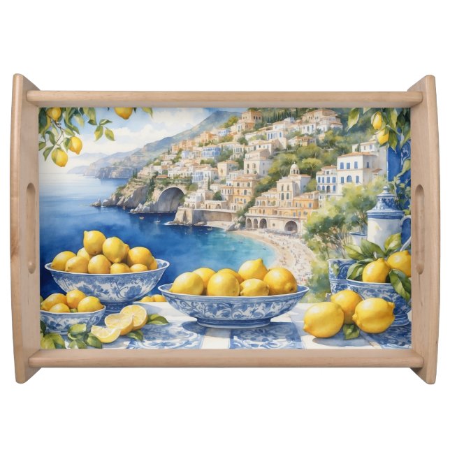 View Italian Amalfi Coast blue white tiles lemons Serving Tray (Front)