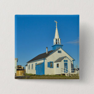View of a blue and white church in Dene tribe Pinback Button