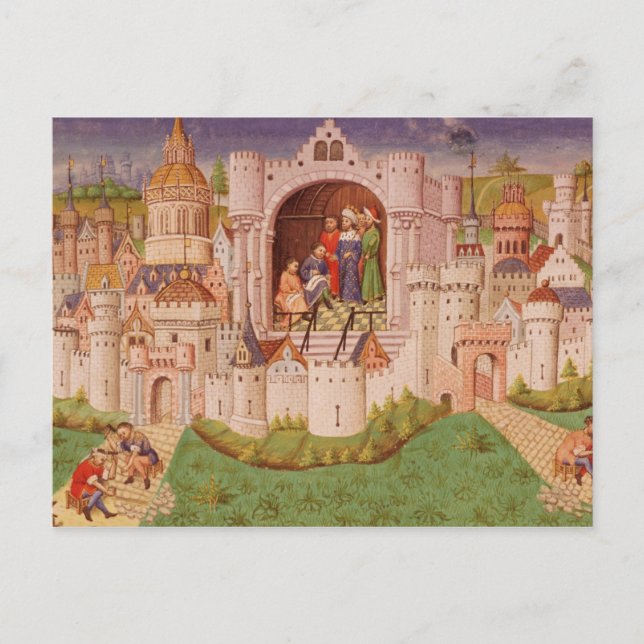 View of a city with labourers paving roads postcard (Front)