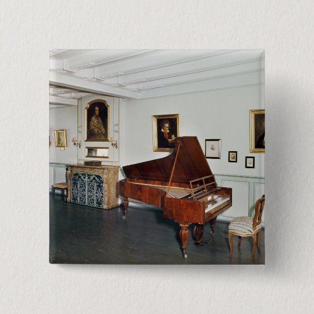 View of a room with a grand piano pinback button (Front)