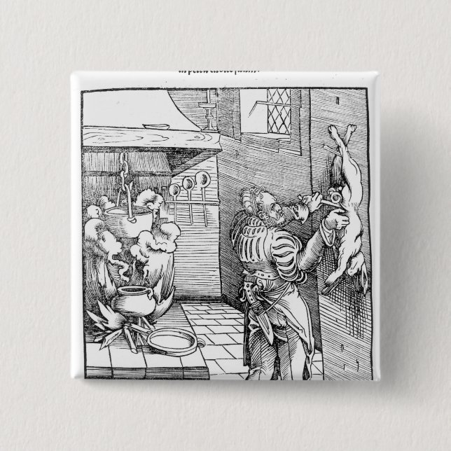 View of a sixteenth century kitchen with cook pinback button (Front)