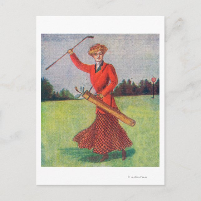 View of a Woman in Red Golfing Postcard (Front)