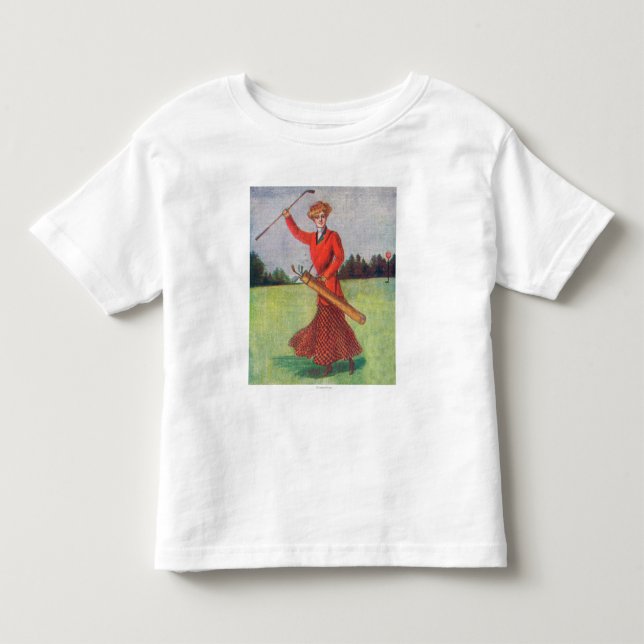 View of a Woman in Red Golfing Toddler T-shirt (Front)