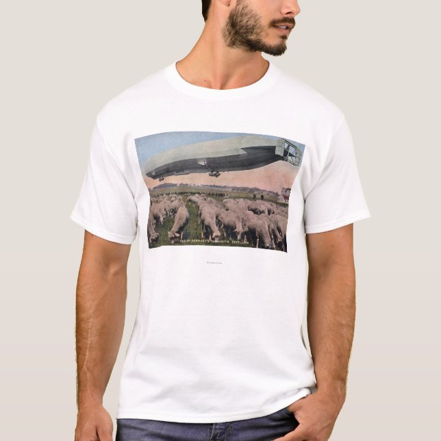 View of a Zeppelin Blimp over Grazing Sheep T-Shirt (Front)