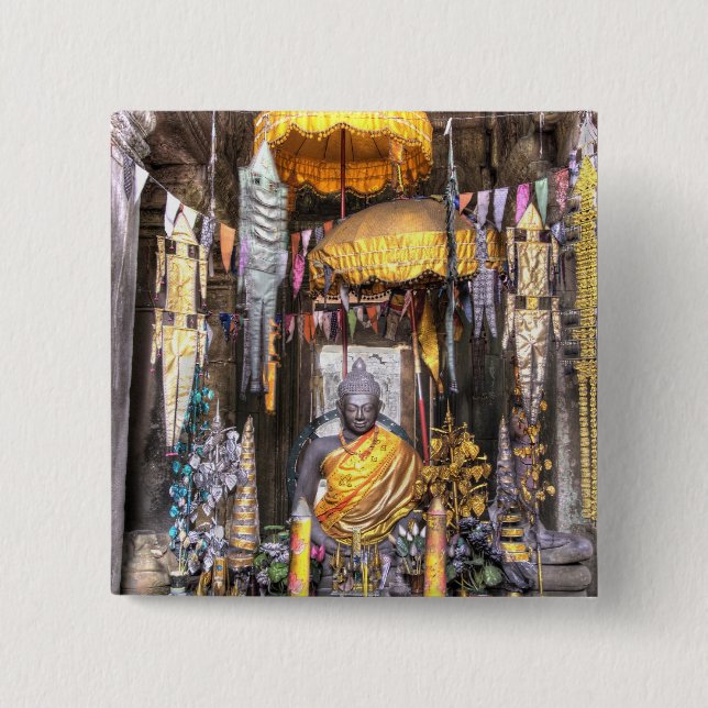 View of altar area inside Buddhist temple, Button (Front)