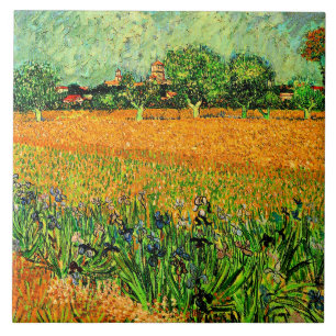 View of Arles with Irises in Foreground, Ceramic Tile