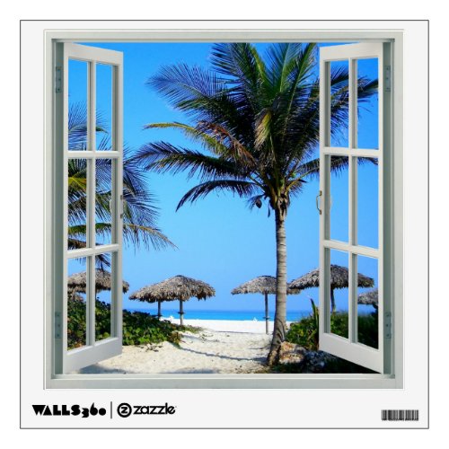 View of Beach and Palm Trees Faux Window Wall Decal