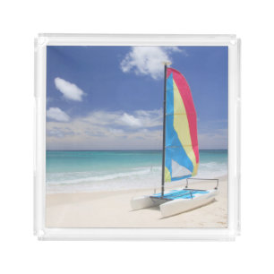 View Of Beach With Sailboat Acrylic Tray
