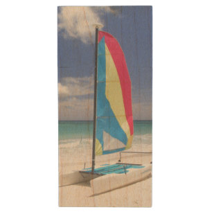 View Of Beach With Sailboat Wood Flash Drive