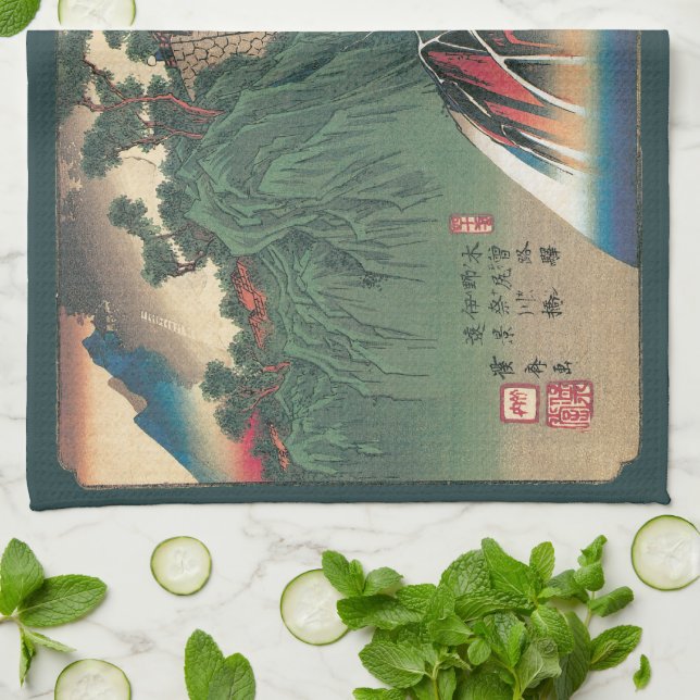 View of Bridge Over Ina River, Nojiri by Hiroshige Kitchen Towel (Folded)