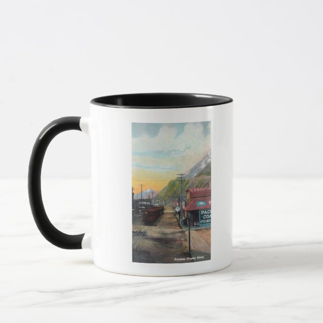 View of Broadway & Railroad CarsSkagway, AK Mug (Left)