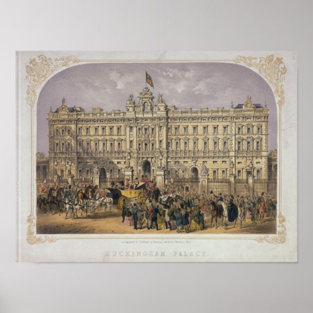 View of Buckingham Palace with a Crowd Outside Poster (Front)
