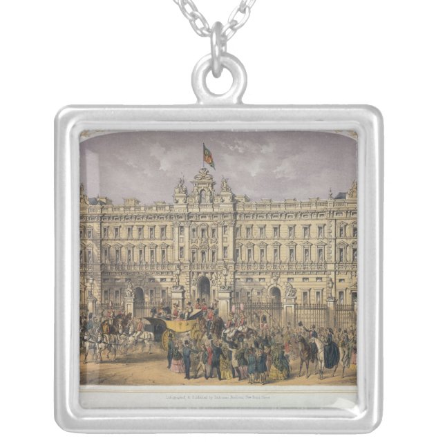 View of Buckingham Palace with a Crowd Outside Silver Plated Necklace (Front)