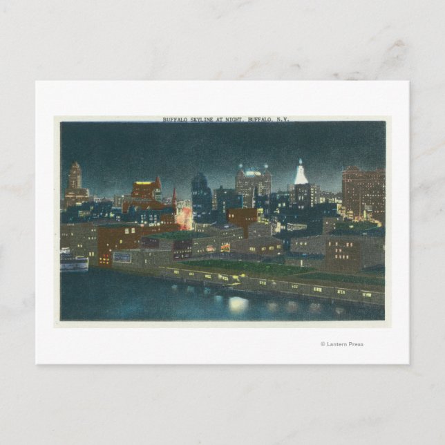 View of Buffalo Skyline at Night Postcard (Front)