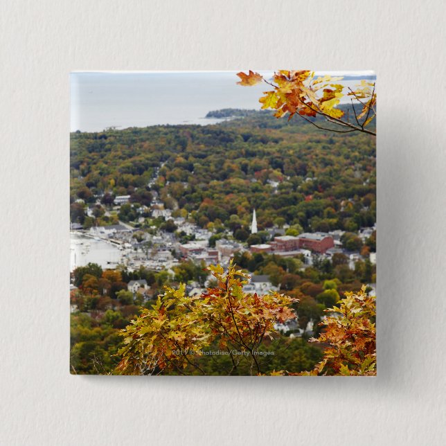 View of Camden Hills State through Fall Trees Button (Front)
