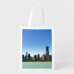 View of Chicago skyline by Lake Michigan Reusable Grocery Bag