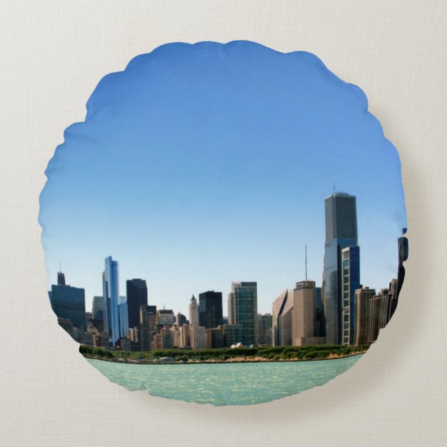 View of Chicago skyline by Lake Michigan Round Pillow (Front)
