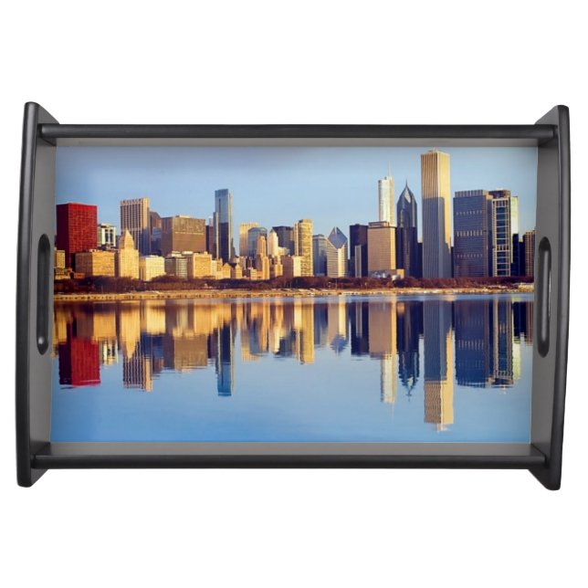 View of Chicago skyline with reflection Serving Tray (Front)