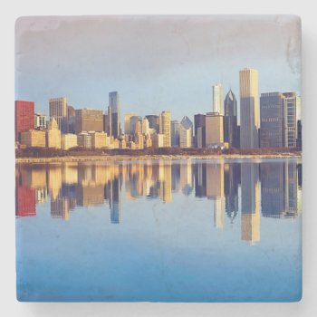 View Of Chicago Skyline With Reflection Stone Coaster by iconicchicago at Zazzle