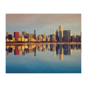View of Chicago skyline with reflection Wood Wall Decor
