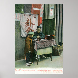 View of Chinese Fortune Teller at Desk Poster
