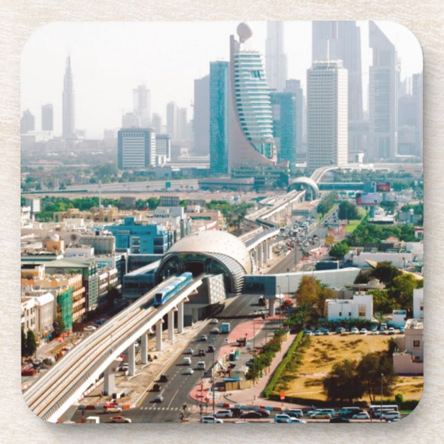View of city metro line and skyscrapers drink coaster (Front)