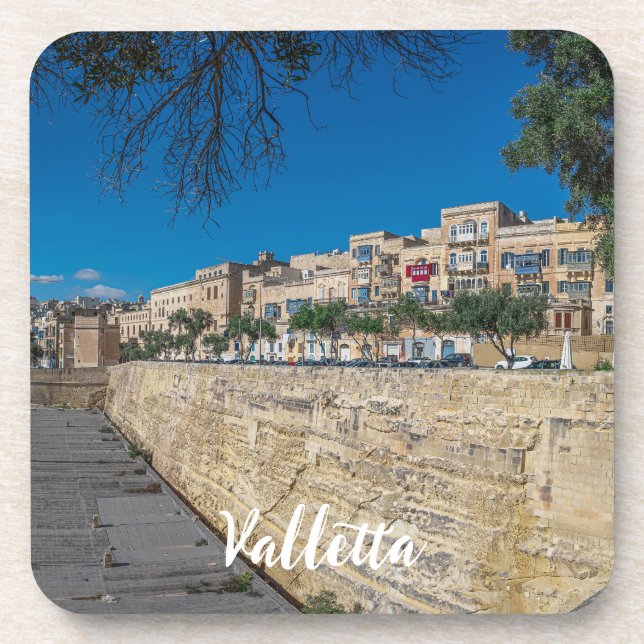 View of city wall and harbor in Valletta Beverage Coaster (Front)