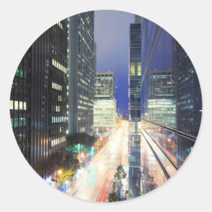 View of financial district office buildings classic round sticker