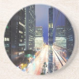 View of financial district office buildings drink coaster