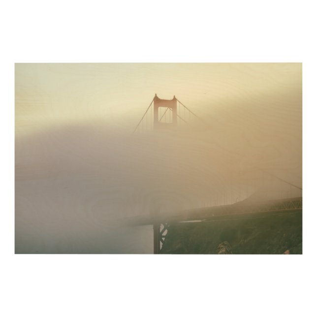 View of Golden Gate Bridge in Fog Wood Wall Art (Front)