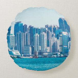 View of Hong Kong harbour at day time. asia,asian, Round Pillow