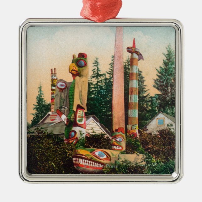 View of Indian Graves and Totempoles Metal Ornament (Front)