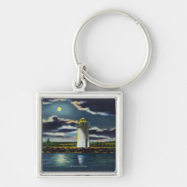 View of Lake Cobbosseecontee Lighthouse at Night Keychain (Front)