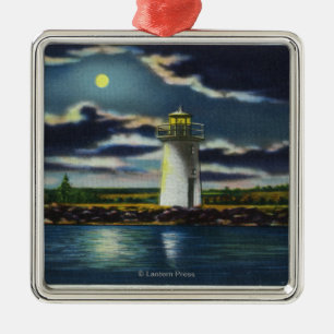 View of Lake Cobbosseecontee Lighthouse at Night Metal Ornament