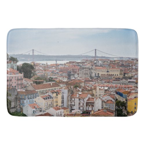 View of Lisbon old town and 25th of April Bridge Bath Mat