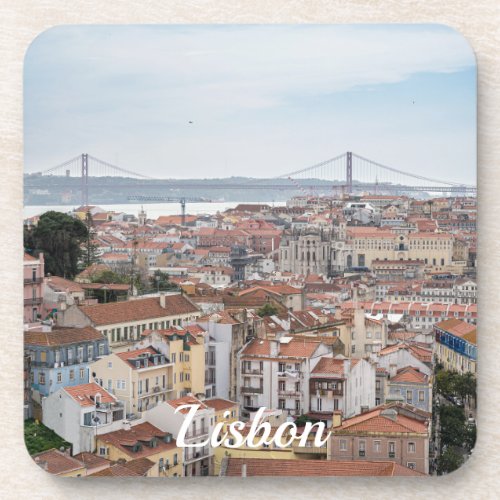 View of Lisbon old town and 25th of April Bridge Beverage Coaster