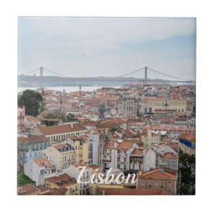 View of Lisbon old town and 25th of April Bridge Ceramic Tile