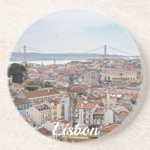 View of Lisbon old town and 25th of April Bridge Coaster