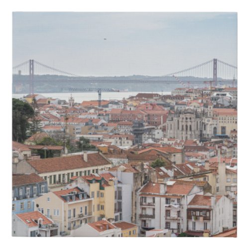 View of Lisbon old town and 25th of April Bridge Faux Canvas Print