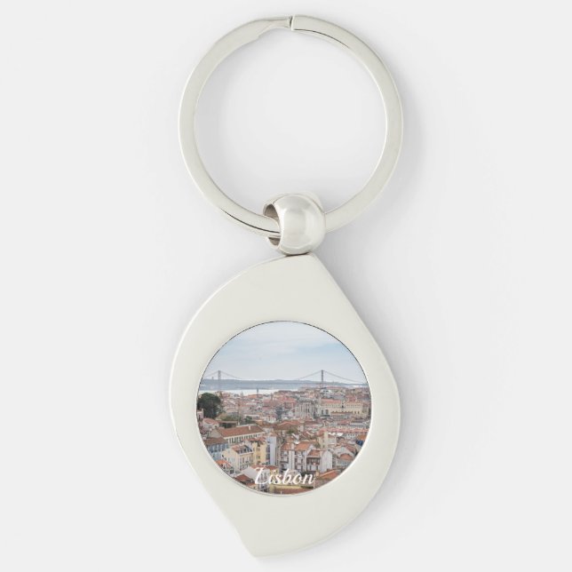 View of Lisbon old town and 25th of April Bridge Keychain (Front)