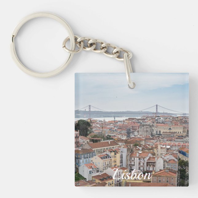 View of Lisbon old town and 25th of April Bridge Keychain (Front)
