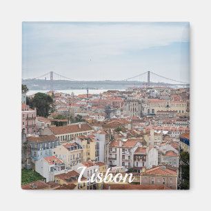 View of Lisbon old town and 25th of April Bridge Magnet