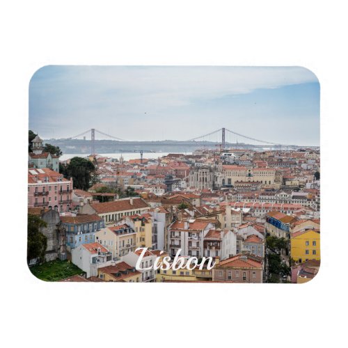 View of Lisbon old town and 25th of April Bridge Magnet