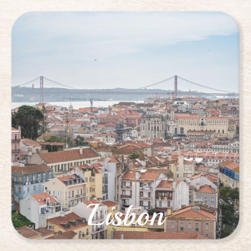 View of Lisbon old town and 25th of April Bridge Square Paper Coaster